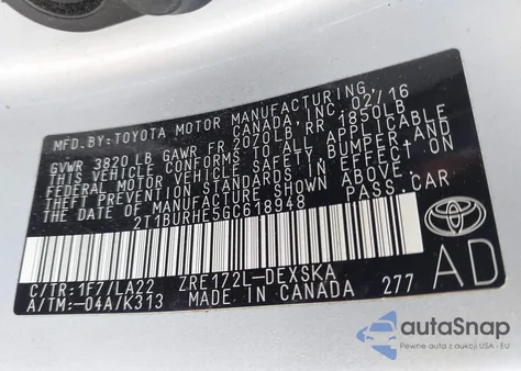 2016 Toyota Corolla S Premium z USA, uszkodzony, nr VIN 2T1BURHE5GC618948